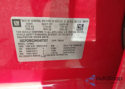 2017 Chevrolet Silverado 1500 1Lt from USA, damaged, VIN 3GCPCREC8HG407357